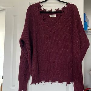 Zenana Outfitters Distressed V-Neck Sweater - Burgundy